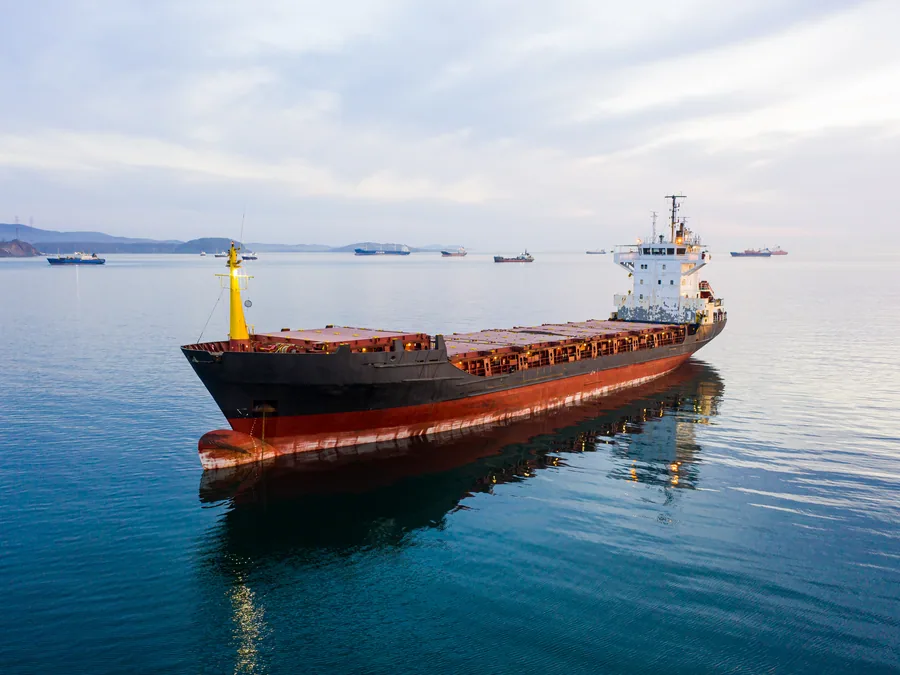 General cargo vessel at anchor in a roadstead, other ships in the background.