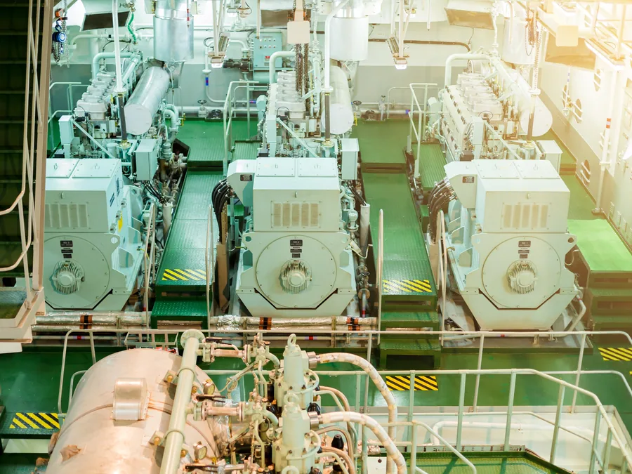 Auxiliary engines and generator sets in a maintained engine room.