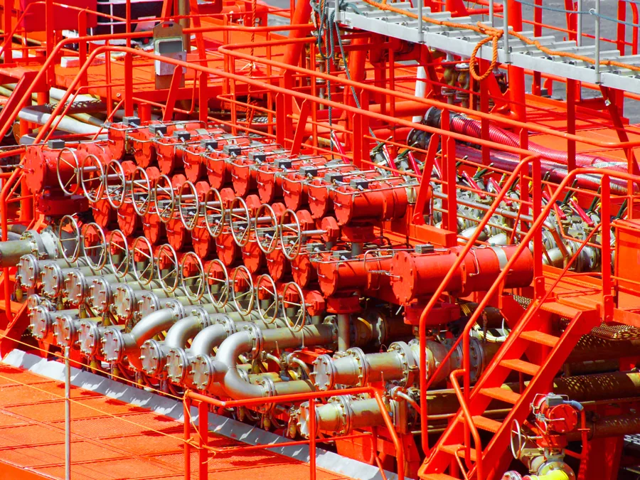 Manifold valves and cargo line arrangement on a chemical tanker's deck.