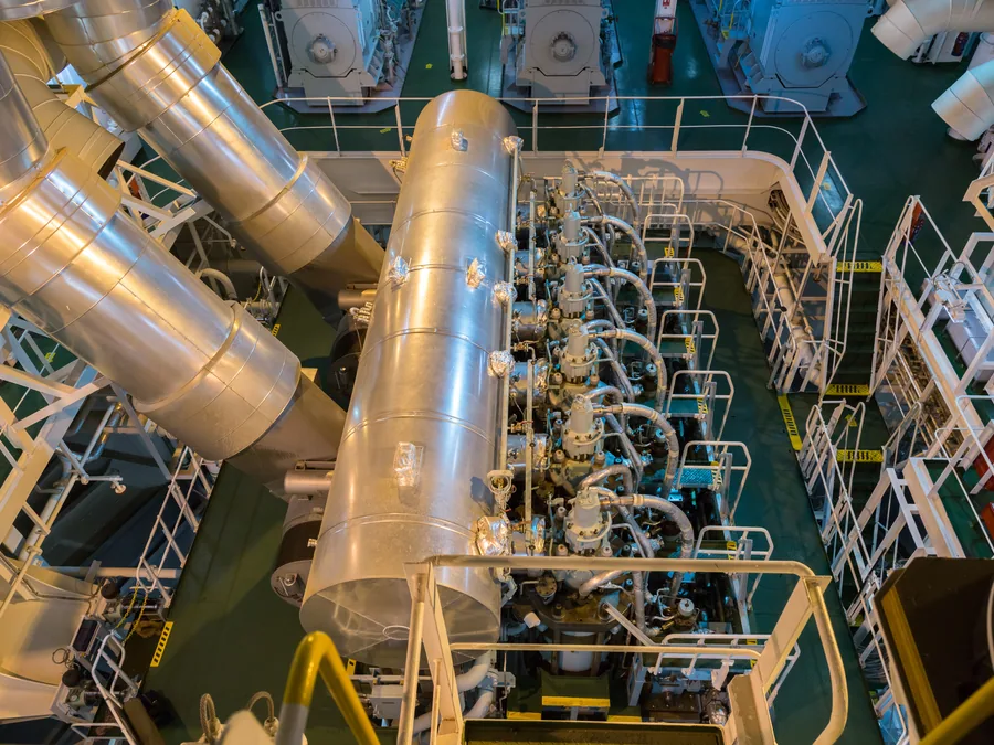 Cargo pump room and deck piping arrangement viewed from above.